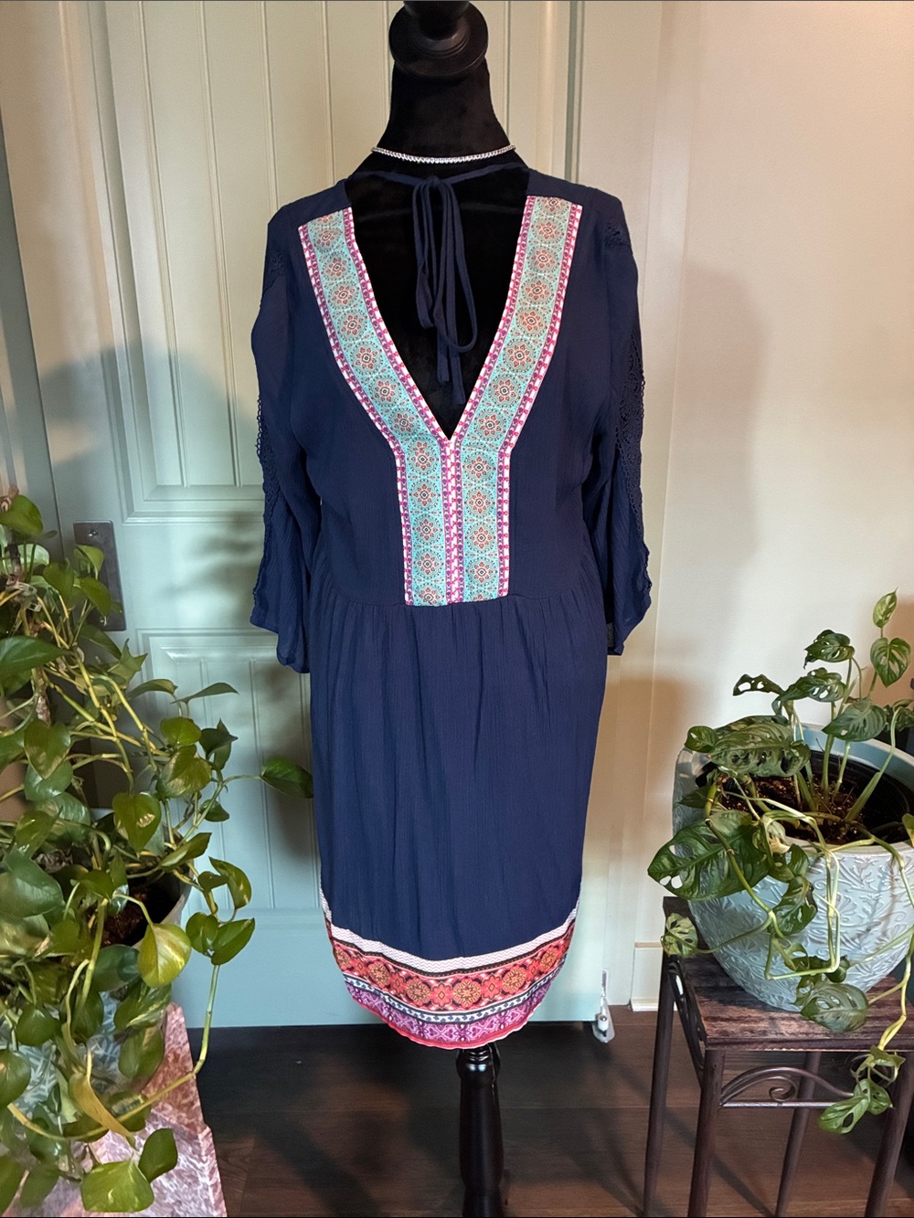 Navy Embroidered V-Neck Boho Dress